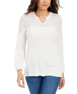 Style & Co Women's Crochet-Yoke Top White Size X-Small