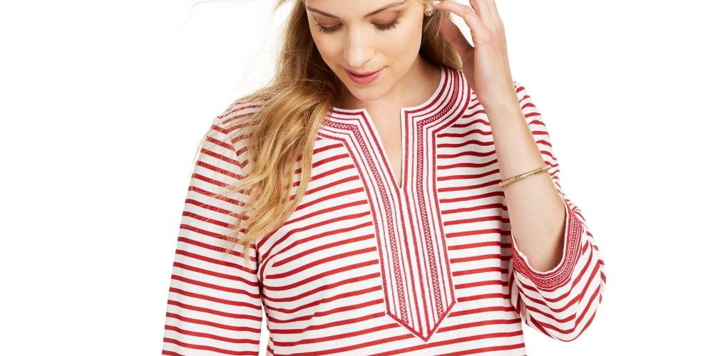 Charter Club Women's Striped Linen Blend Tunic Red Size Small