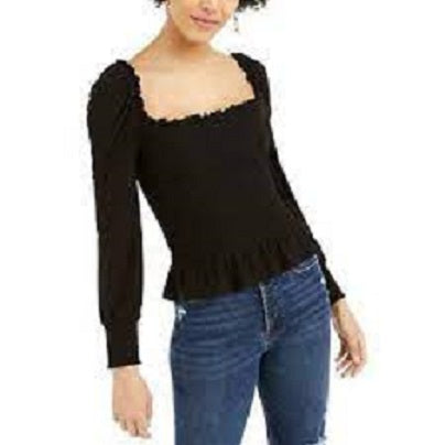 Bar III Women's Smocked Square Neck Top Black Size Large