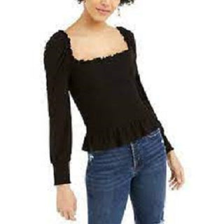 Bar III Women's Smocked Square Neck Top Black Size Large