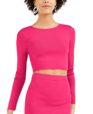 Bar III Women's Long Sleeve Crew Neck Crop Top Sweater Red Size X-Large