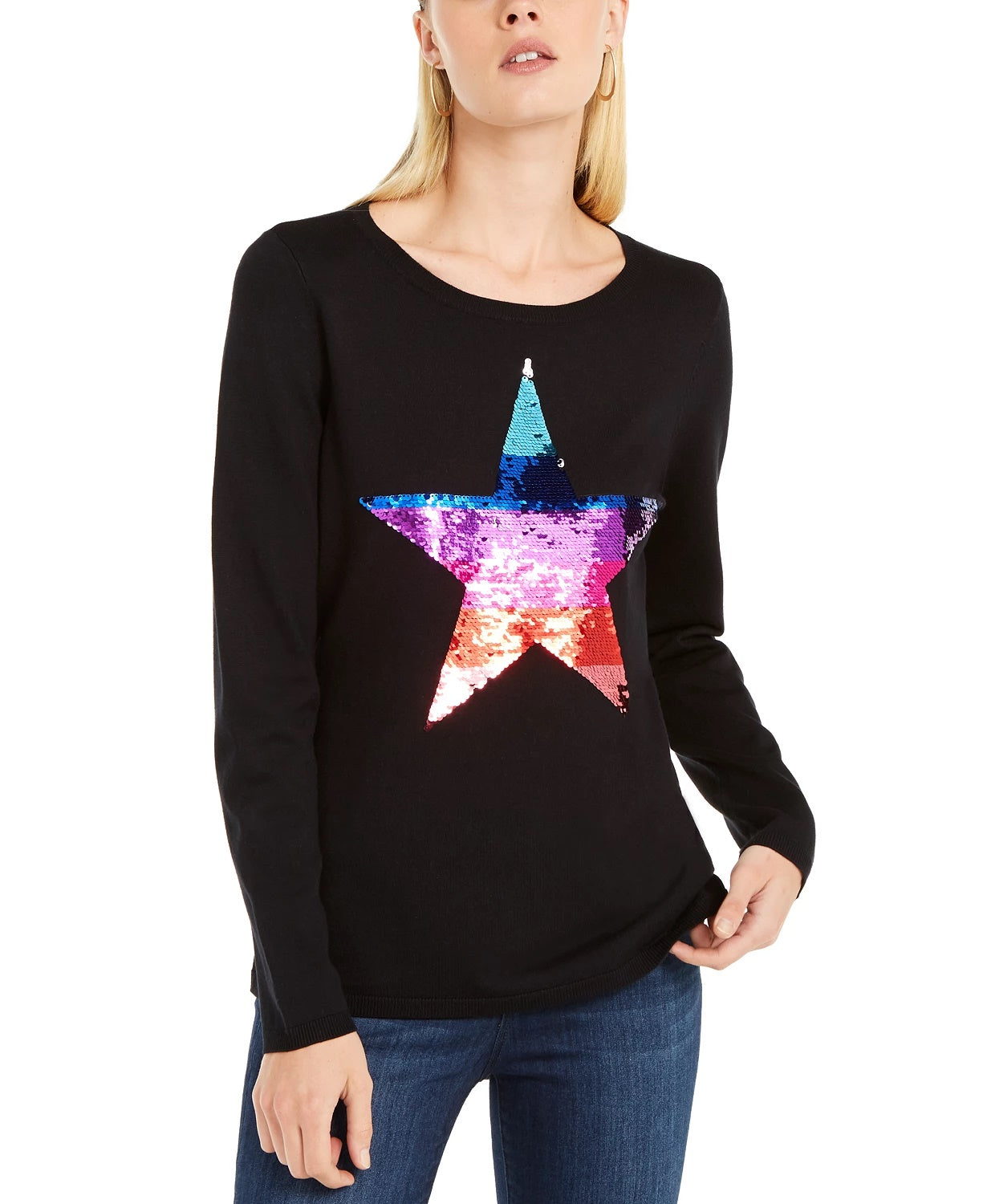 INC International Concepts Women's Sequin Star Sweater Black Size X-Small