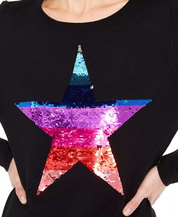 INC International Concepts Women's Sequin Star Sweater Black Size X-Small