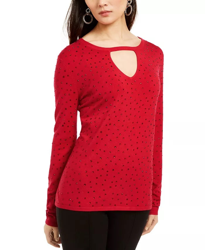 INC International Concepts Women's Embellished Keyhole Sweater Red Size X-Small