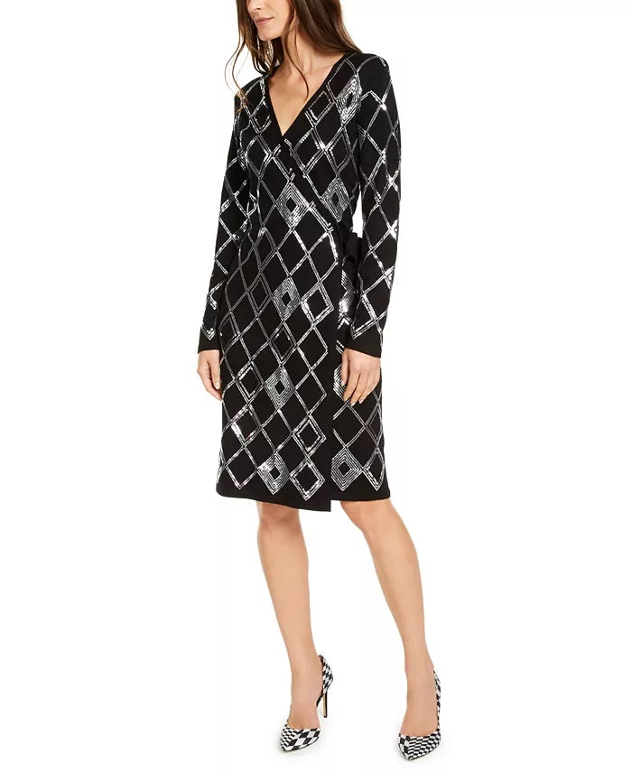 INC International Concepts Women's Sequin Wrap Sweater Dress Black Size X-Small