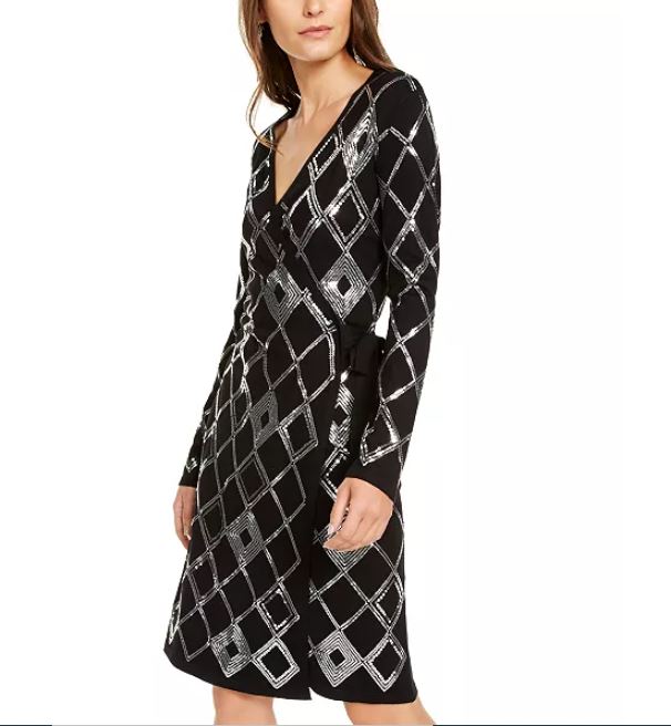 INC International Concepts Women's Sequin Wrap Sweater Dress Black Size X-Small