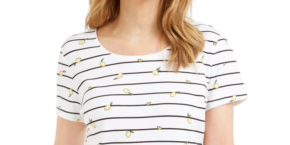 Karen Scott Women's Lemon Stripe Scoop Neck Top White Size Small