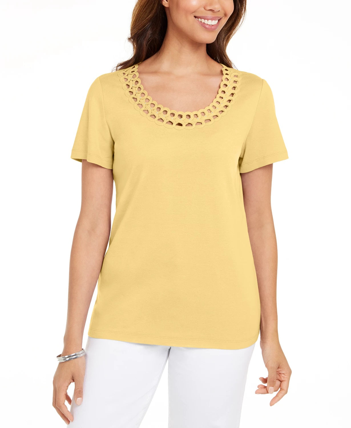 Karen Scott Women's Cotton Scalloped Neck T-Shirt Yellow Size Small