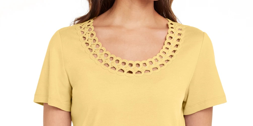 Karen Scott Women's Cotton Scalloped Neck T-Shirt Yellow Size Small