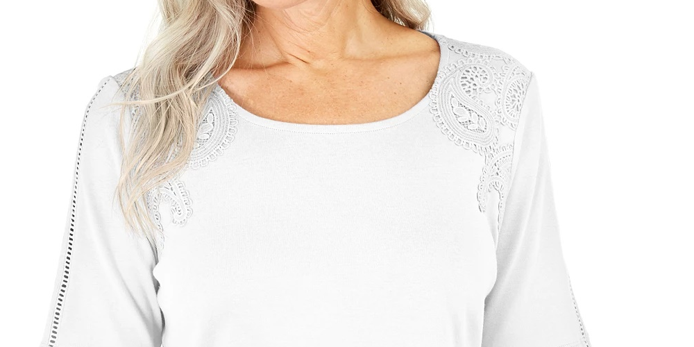 Karen Scott Women's Cotton Crochet Front Top White Size Small