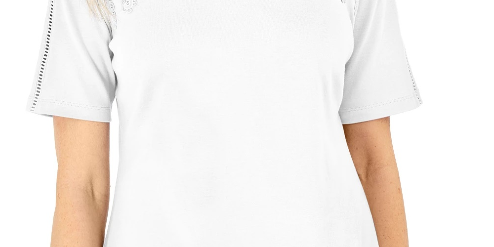 Karen Scott Women's Cotton Crochet Front Top White Size Small