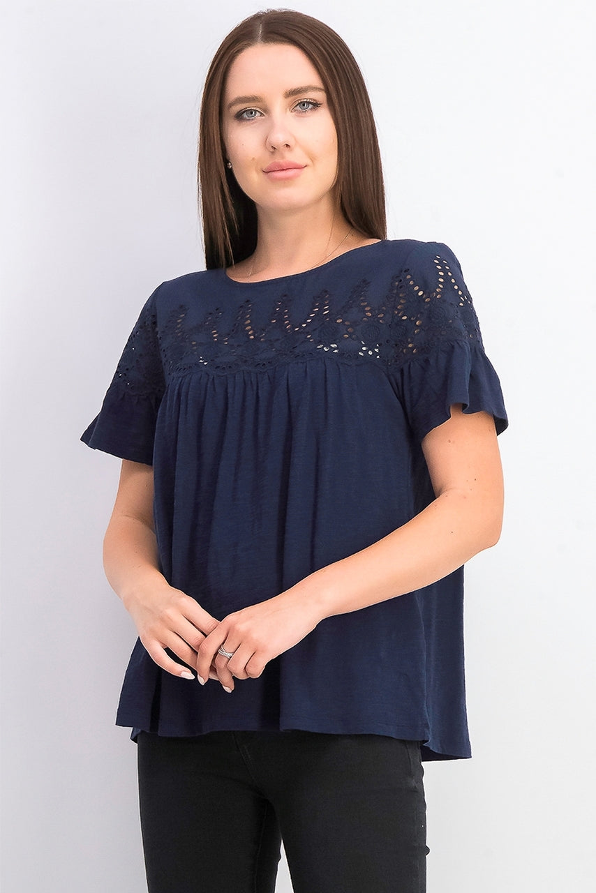 Style & Co Women's Cotton Eyelet Yoke Top Navy Size Large