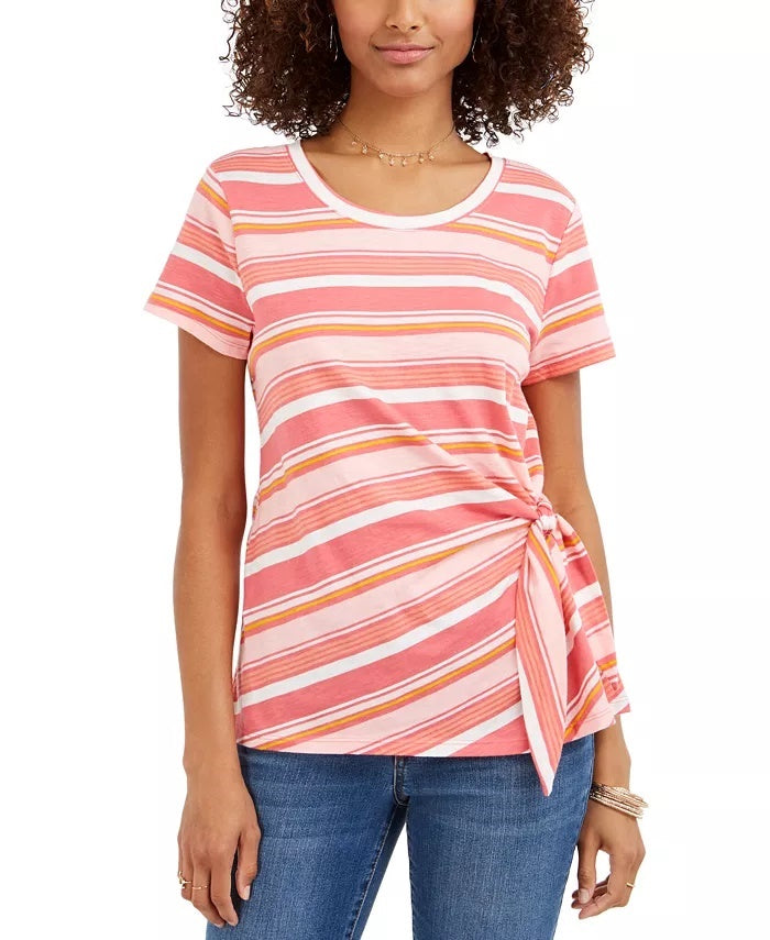 Style & Co Women's Striped Tie-Side Top Bright Pink Size Medium
