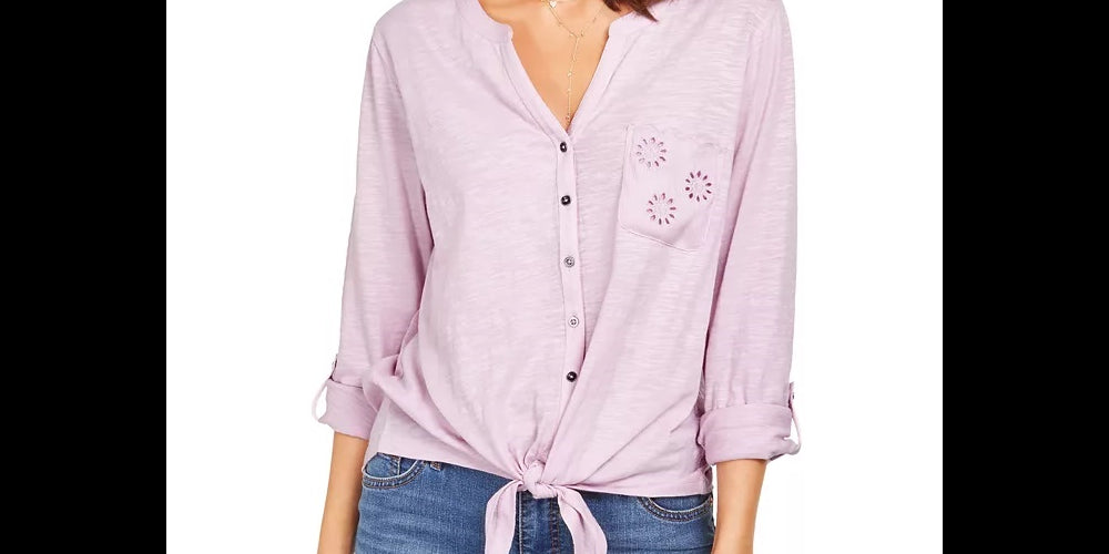 Style & Co Women's Eyelet Pocket Tie Front Top Pink Size Small