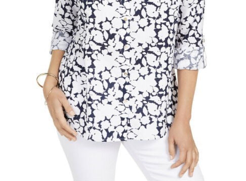 Charter Club Women's Printed Roll Sleeve Top Blue Size Medium