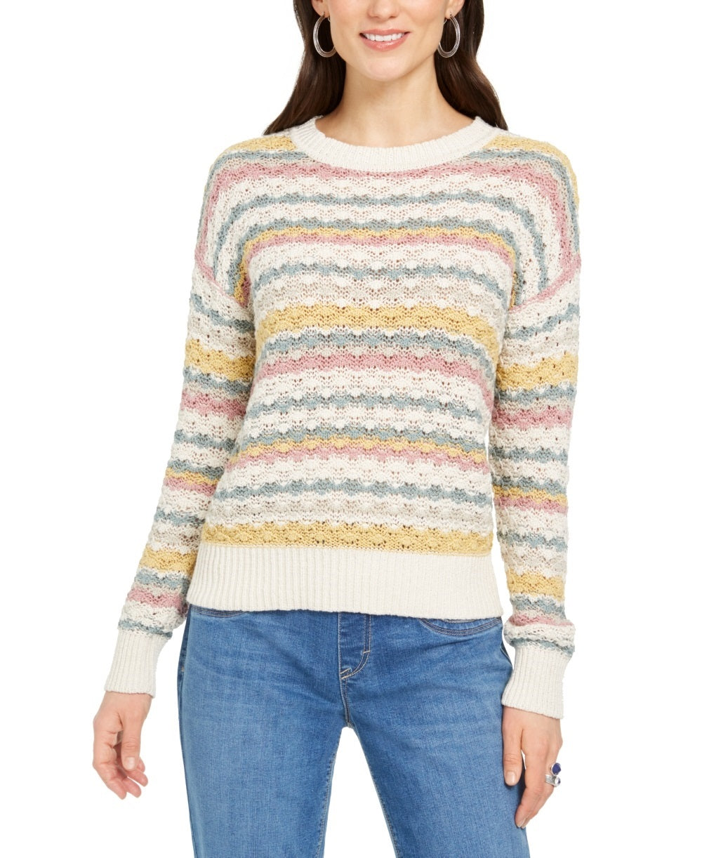Style & Co Women's Striped Bubble Stitch Sweater  Beige Size Petite Small