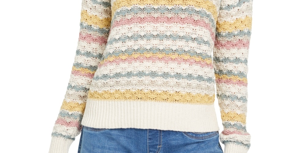 Style & Co Women's Striped Bubble Stitch Sweater  Beige Size Petite Small
