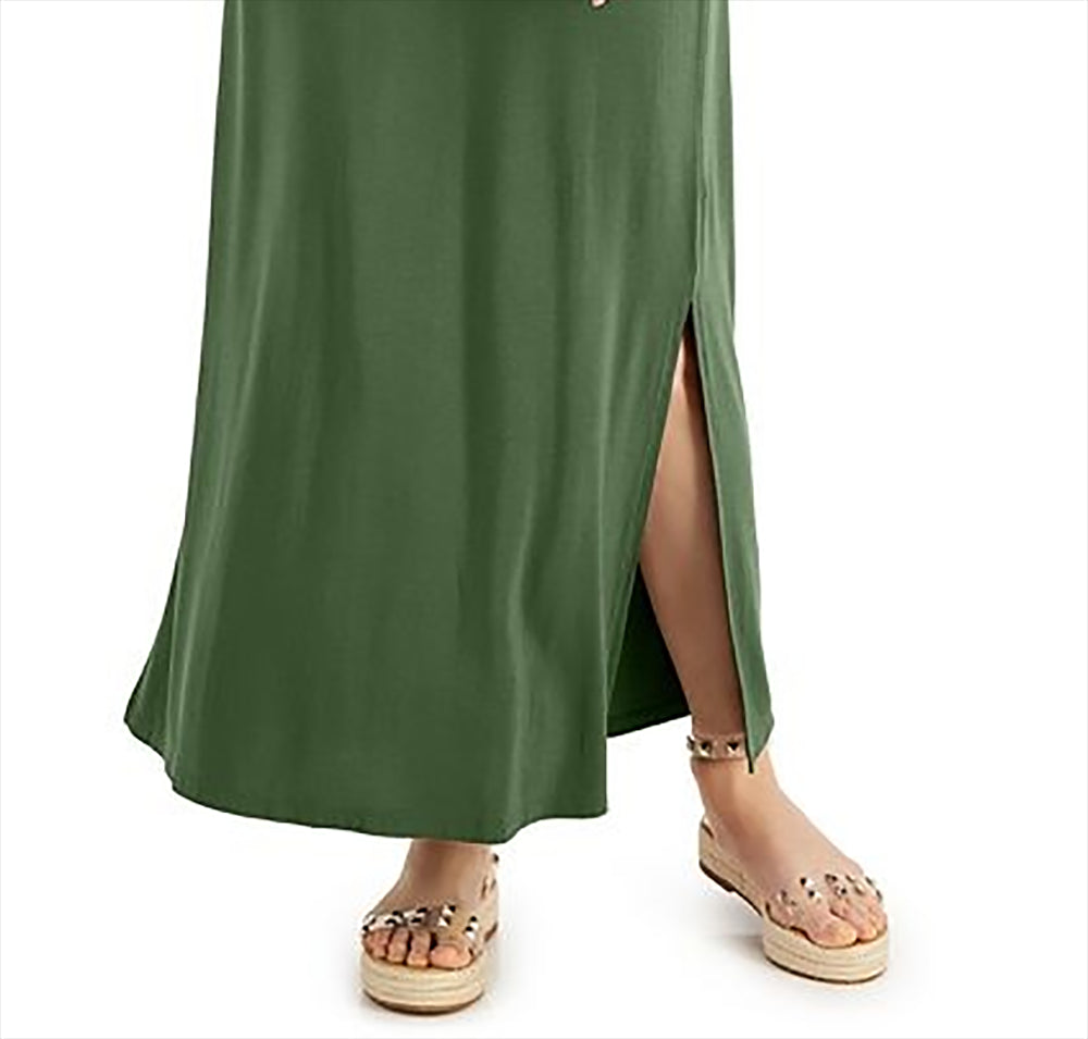 Style & Co Women's Textured Tie Waist Maxi Dress  Green Size Medium