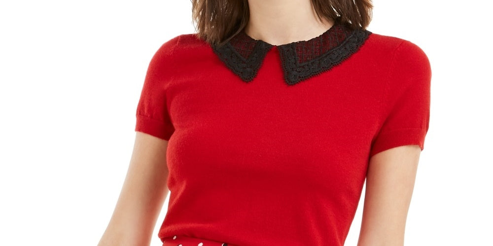 Maison Jules Women's Lace Contrast Collar Top Red Size X-Small