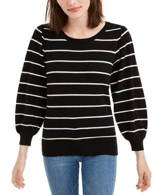 Maison Jules Women's Striped Puff Sleeve Sweater  Black Size X-Small