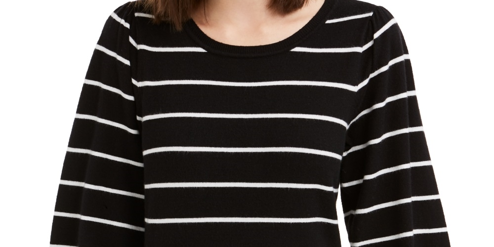 Maison Jules Women's Striped Puff Sleeve Sweater  Black Size X-Small