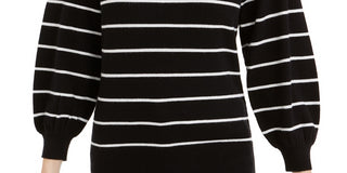 Maison Jules Women's Striped Puff Sleeve Sweater  Black Size X-Small