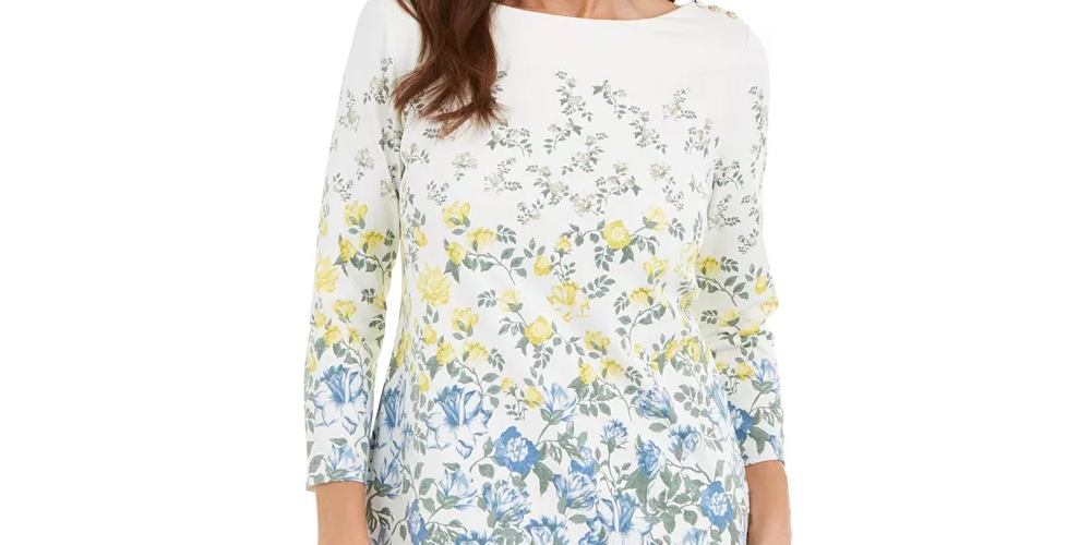 Charter Club Women's Floral Print Boat Neck Top White Size Medium