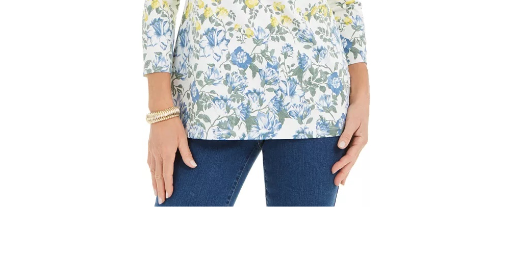 Charter Club Women's Floral Print Boat Neck Top White Size Medium