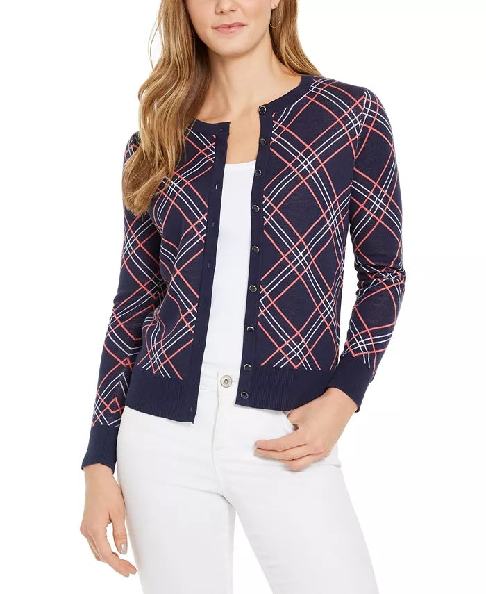 Charter Club Women's Plaid Cardigan Sweater Blue Size Large
