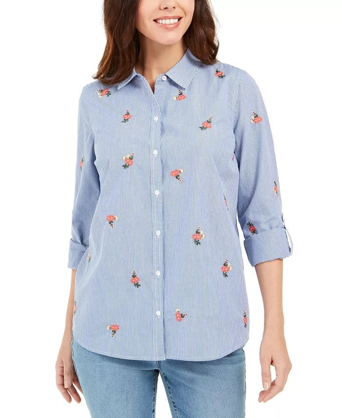 Charter Club Women's Printed Woven Shirt White Size Small