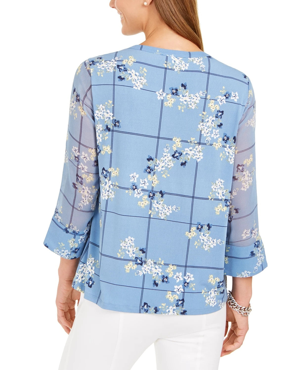 Charter Club Women's Printed Split Sleeve Knit Tunic Top Blue Size X-Large