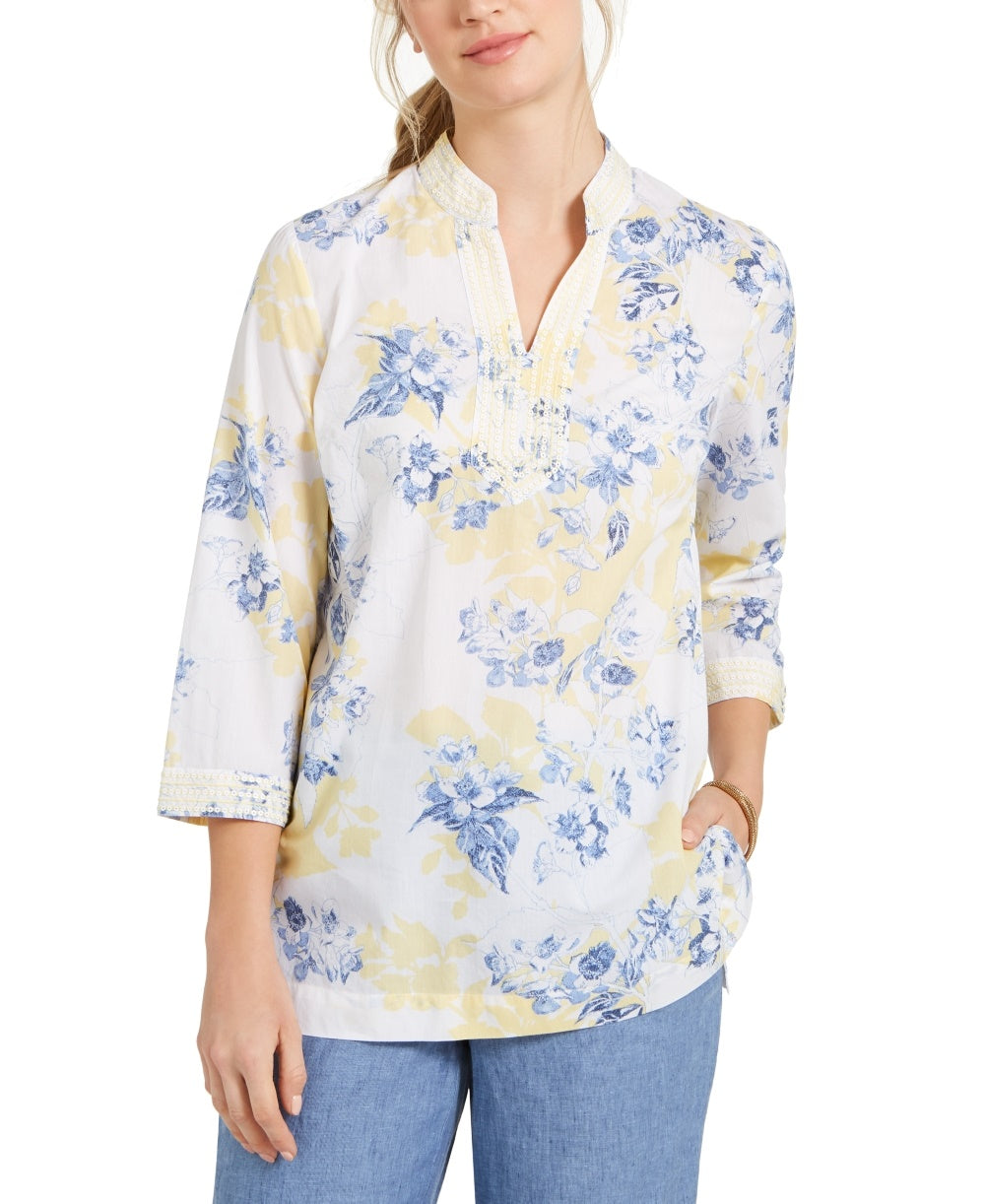 Charter Club Women's Printed Embroidered Voile Linen Blend Tunic Yellow Size Small