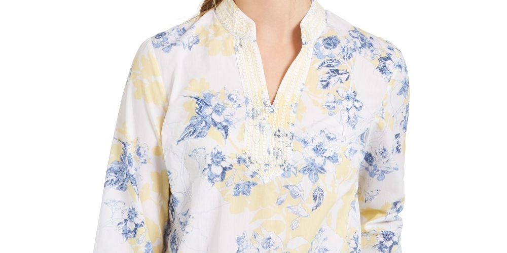 Charter Club Women's Printed Embroidered Voile Linen Blend Tunic Yellow Size Small