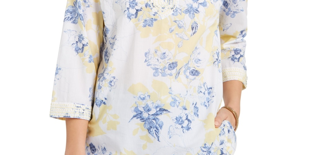 Charter Club Women's Printed Embroidered Voile Linen Blend Tunic Yellow Size Small