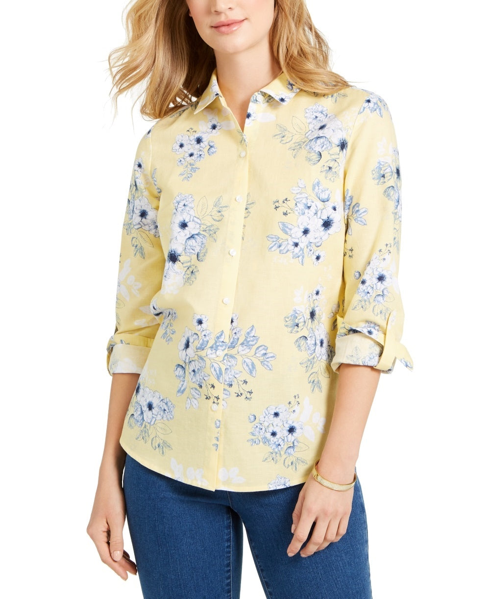 Charter Club Women's Floral Print Linen Blend Shirt Yellow Size Medium