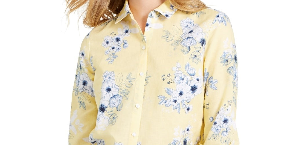 Charter Club Women's Floral Print Linen Blend Shirt Yellow Size Medium