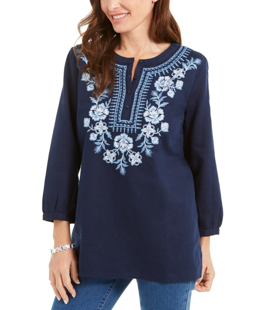 Charter Club Women's Metallic-Embroidery Linen-Blend Tunic Blue Size Small