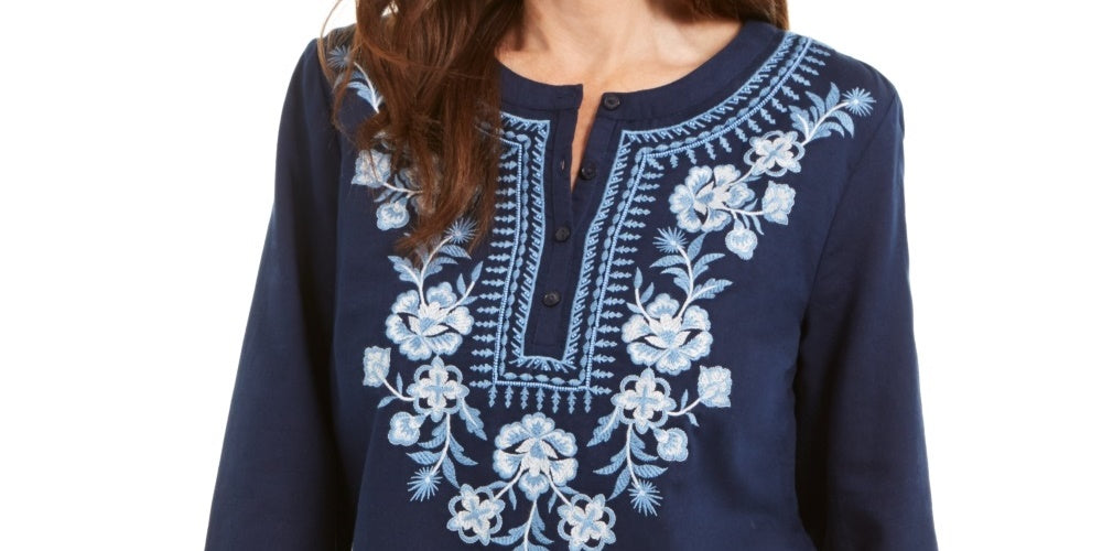 Charter Club Women's Metallic-Embroidery Linen-Blend Tunic Blue Size Small