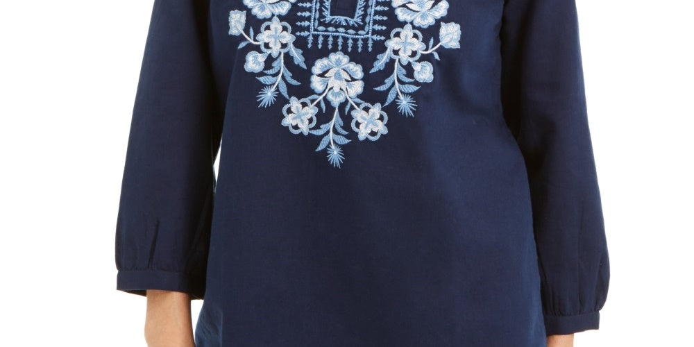 Charter Club Women's Metallic-Embroidery Linen-Blend Tunic Blue Size Small
