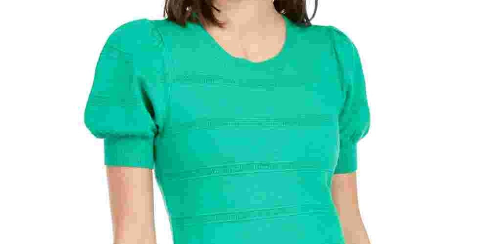 Maison Jules Women's Green Pouf Crew Neck T-Shirt Top Dark Green Size X-Small