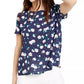 Maison Jules Women's Floral-Print Button-Back Woven Top Navy Size Small