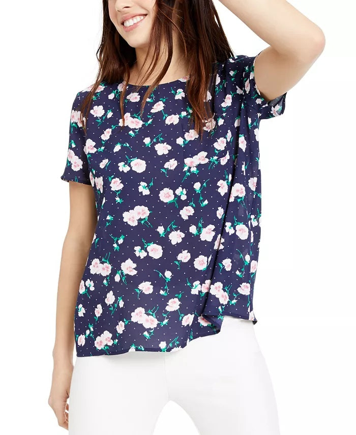 Maison Jules Women's Floral-Print Button-Back Woven Top Navy Size Small