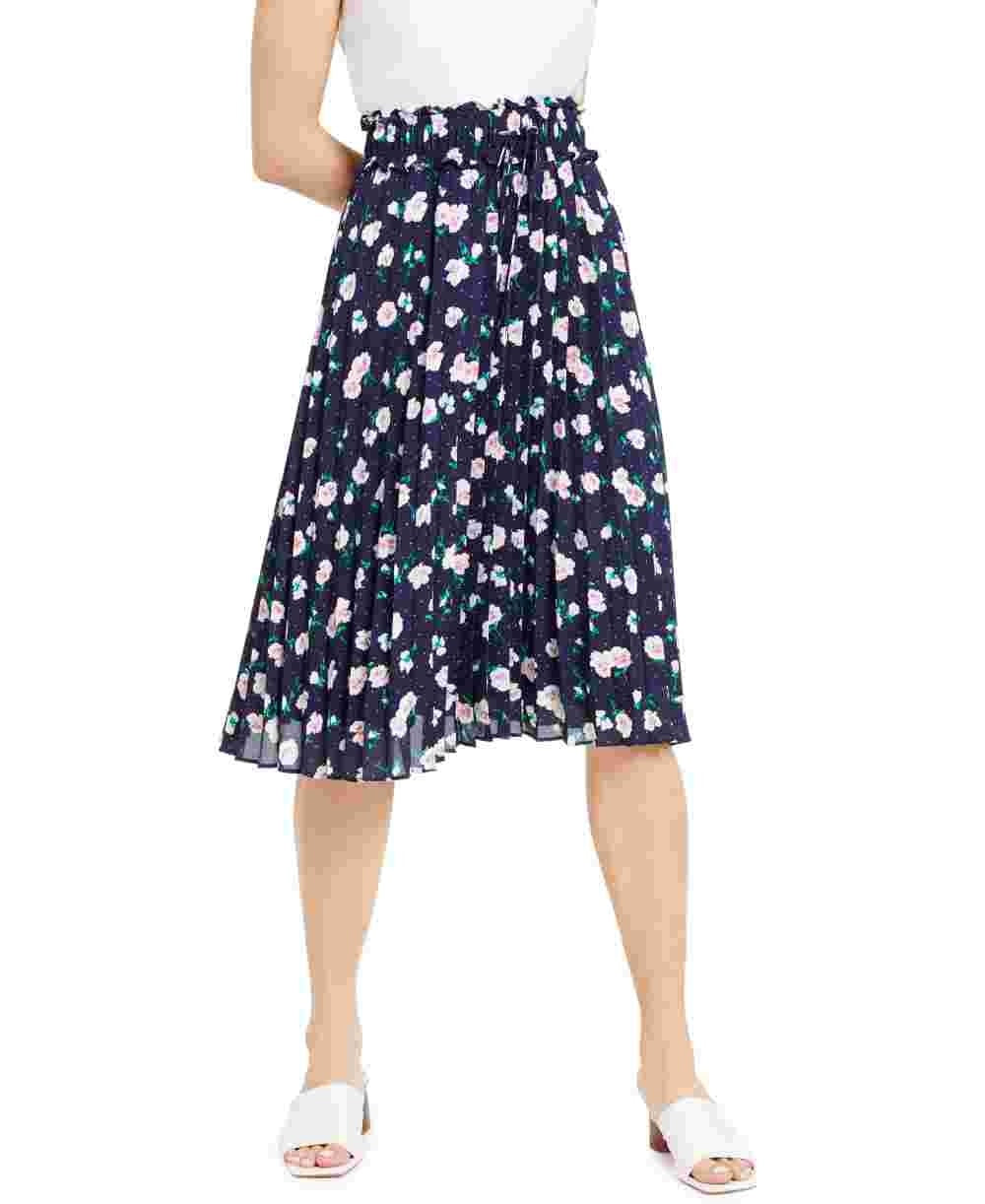 Maison Jules Women's Navy Floral Midi Pleated Skirt  Navy Size Small