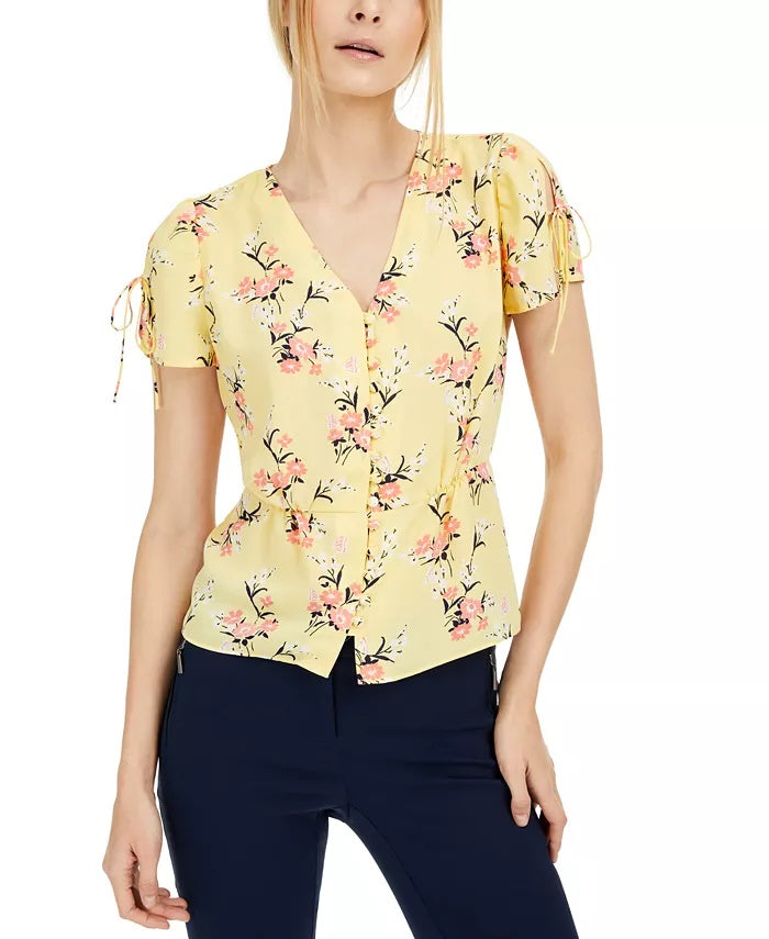 Maison Jules Women's Floral Print Split Sleeve Top Navy Size X-Large