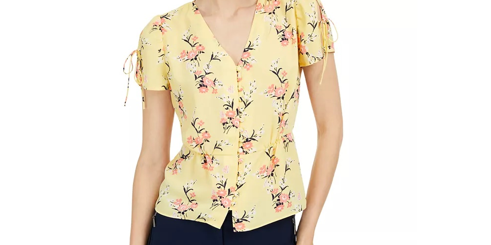 Maison Jules Women's Floral Print Split Sleeve Top Navy Size X-Large