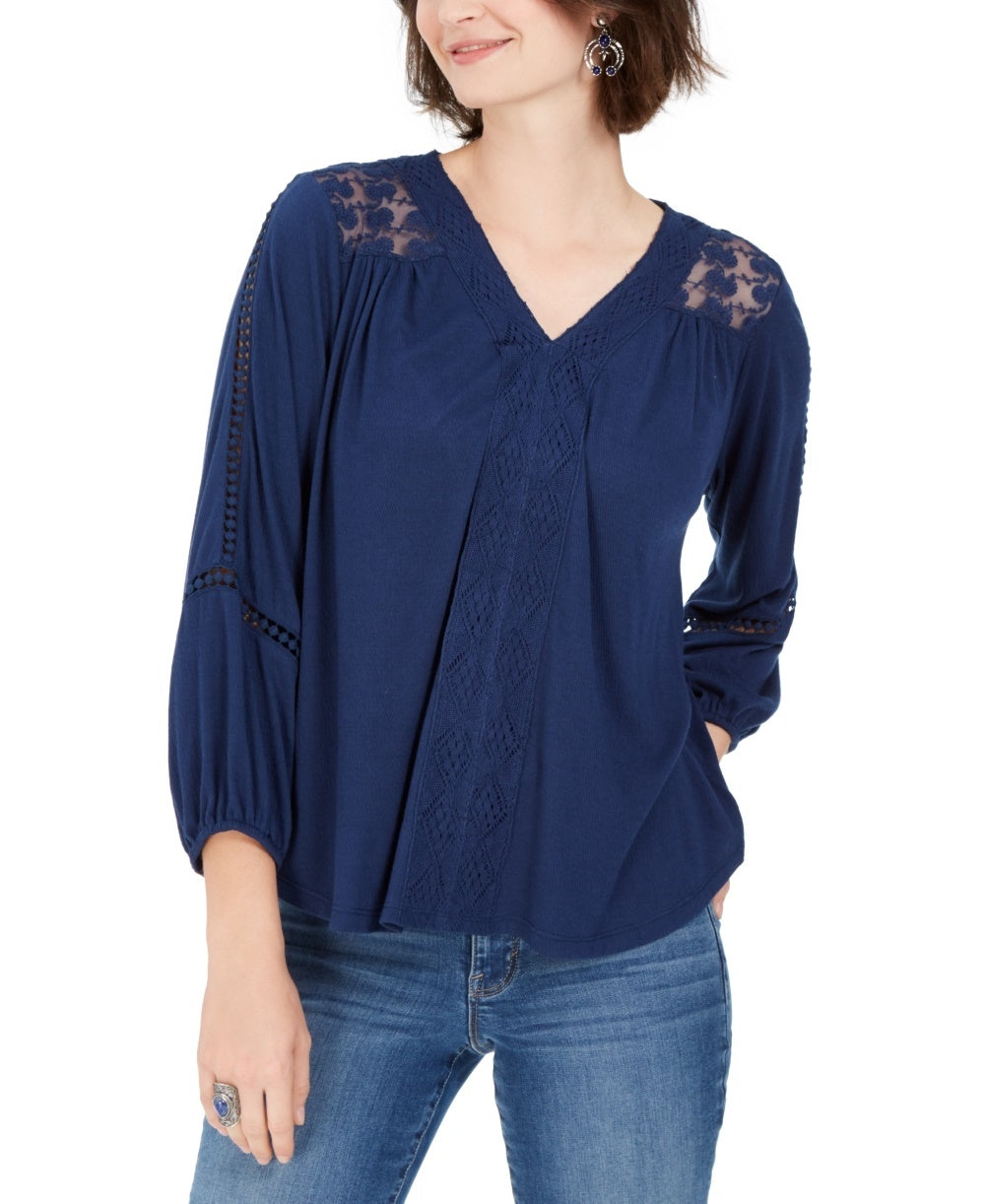 Style & Co Women's Lace-Back Crochet Top Navy Size XX-Large