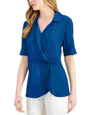 Alfani Women's Draped-Front Collared Top Blue Size Petite Small