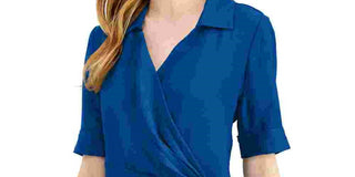 Alfani Women's Draped-Front Collared Top Blue Size Petite Small