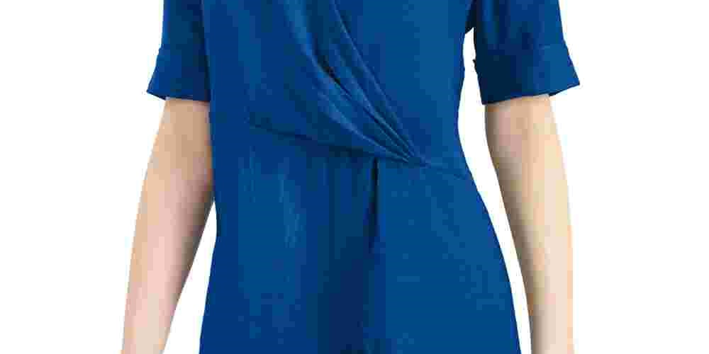 Alfani Women's Draped-Front Collared Top Blue Size Petite Small