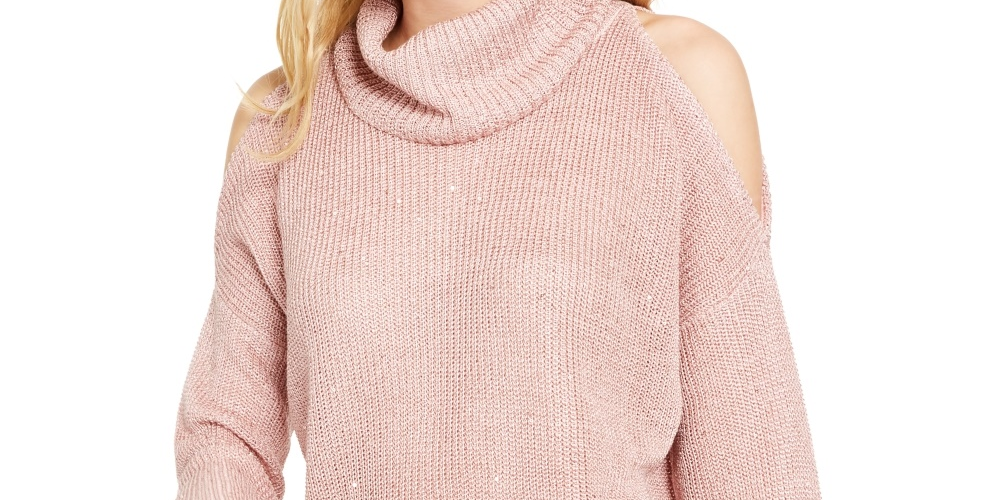 INC International Concepts Women's Sequin Cutout Turtleneck Sweater Pink Size Small